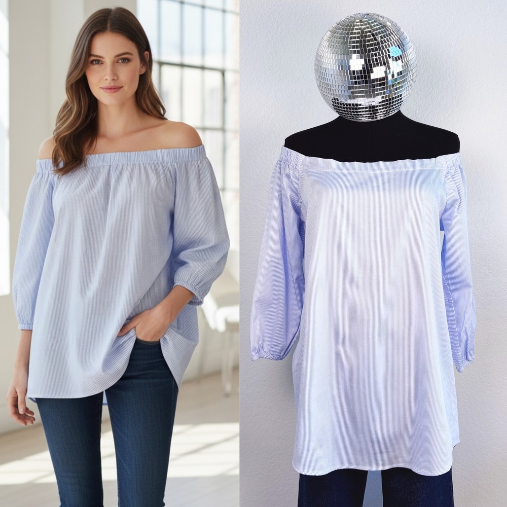 The Limited Off Shoulder Tunic Top, Blue White Pinstripe Size Medium Coastal‎